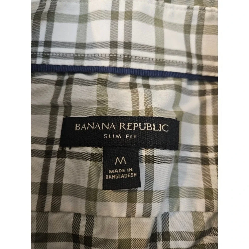 Banana Republic Button Down Shirt Men Medium White Green Slim Fit Plaid Cotton